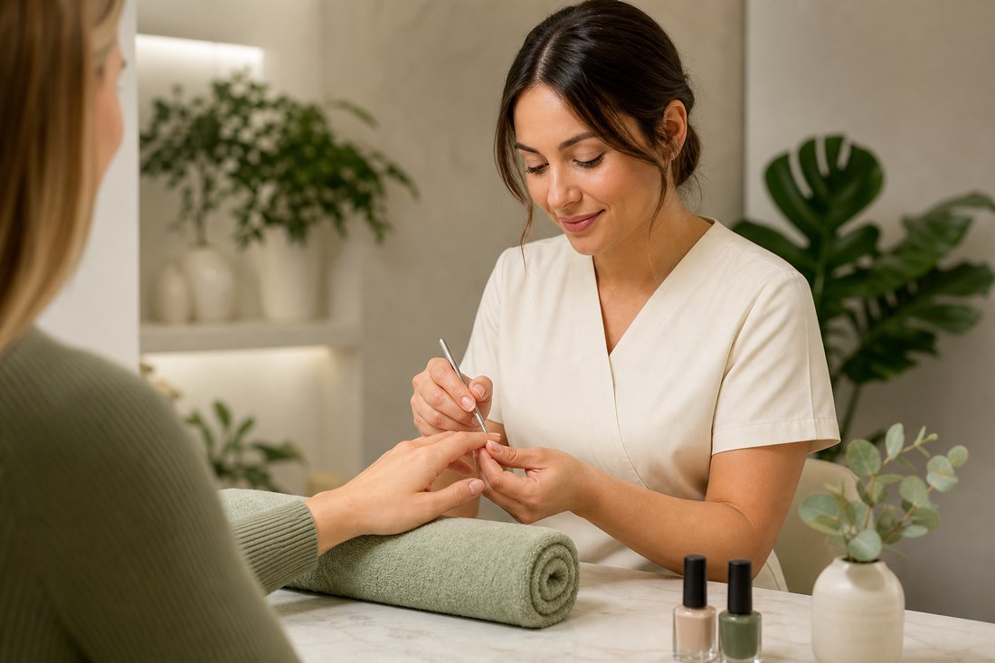 Nail technician giving a client a manicure