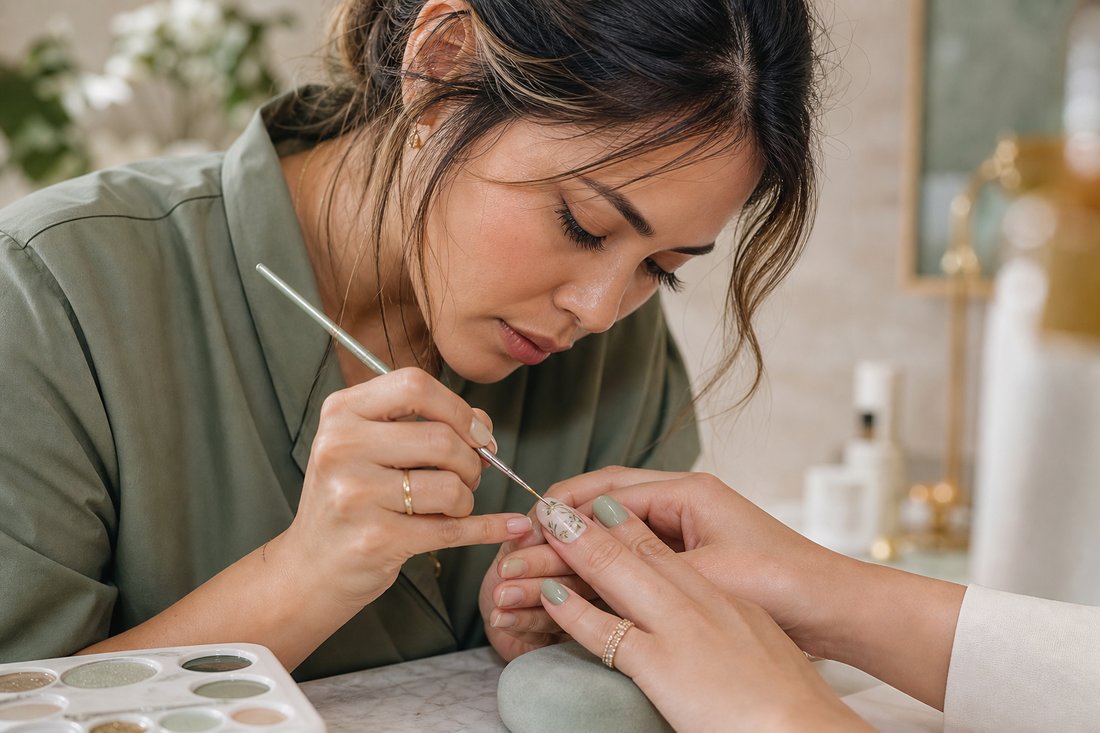 Nail artist hand-painting custom nail art